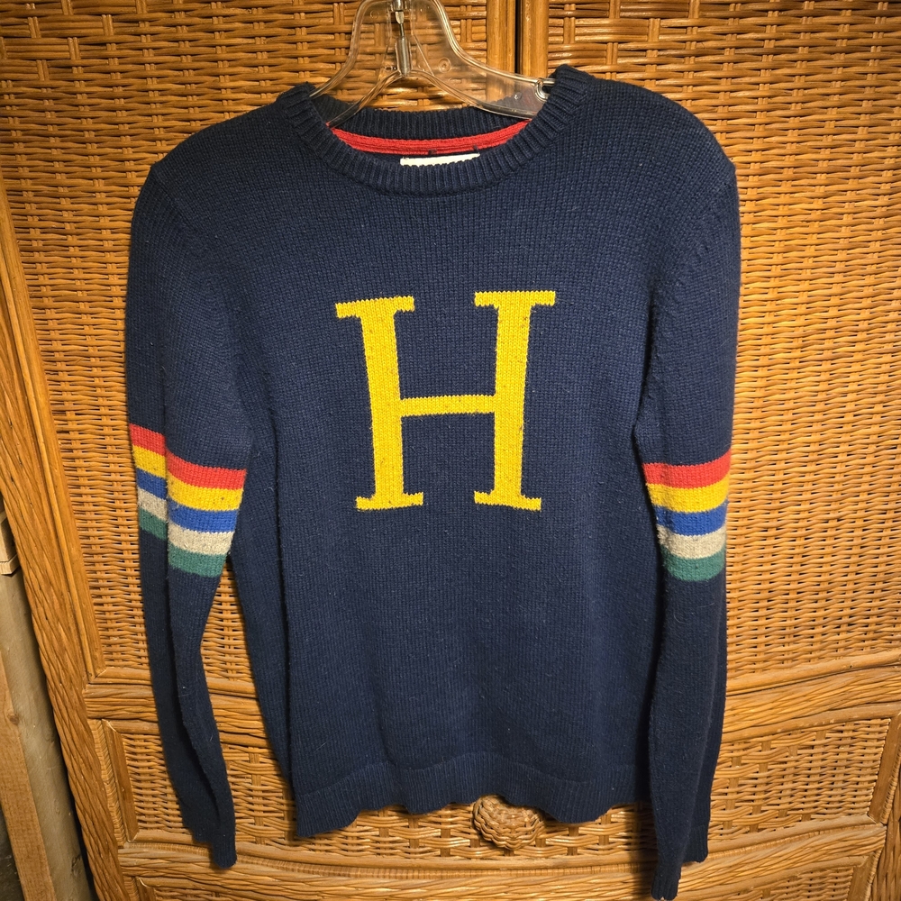 Mini Boden, Harry Potter, Navy Sweater with Yellow 'H' and Colorful Stripes